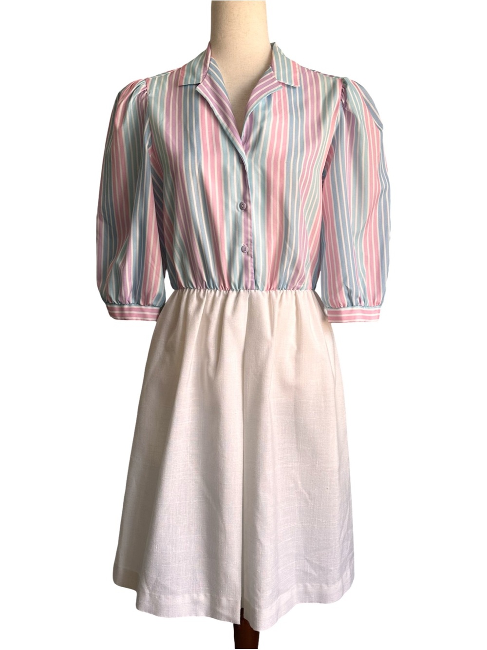 Pastel Striped Button-Front Midi Dress with Cream Skirt